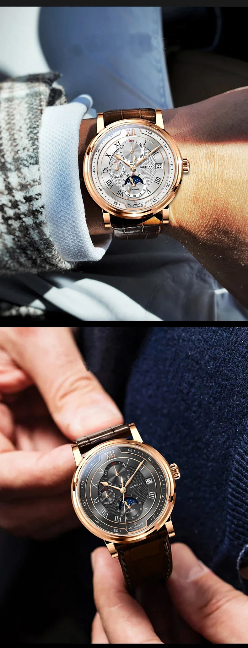 BORMAN BM3868  New 40mm  Luxury Men Automatic Mechanical Men's Watches Sapphire Multi-function Waterproof Moon Phase Clocks
