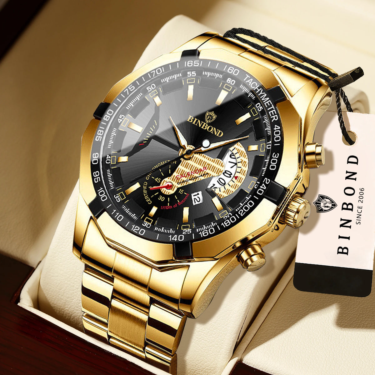 BINBOND luxury quartz wristwatch for men, luminous, water-resistant, automatic date, stainless steel