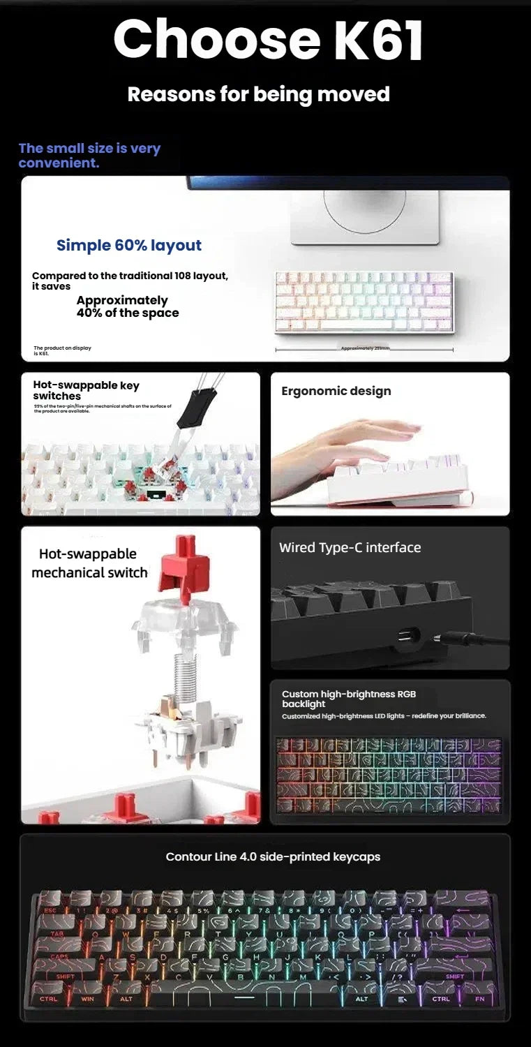 K61 USB Mini Mechanical Gaming Wired Keyboard Hot-Swappable Mechanical Keyboard Detachable Cable