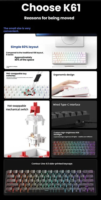 K61 USB Mini Mechanical Gaming Wired Keyboard Hot-Swappable Mechanical Keyboard Detachable Cable