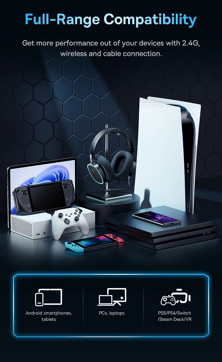 Baseus GH02 Gaming Wireless Headphones Bluetooth 5.3 Over-Ear Headset with Mic, 40mm Driver RGB Gaming Headphones, 2.4G Wireless Low Latency Headset