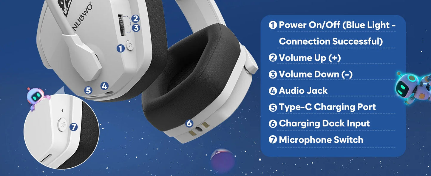 NUBWO G06 Pro Wireless Gaming Headset with Charging Station, Bluetooth 5.3 Gaming Headphones for PS5, PS4 & PC, ENC Microphone, 120-Hour Battery Life