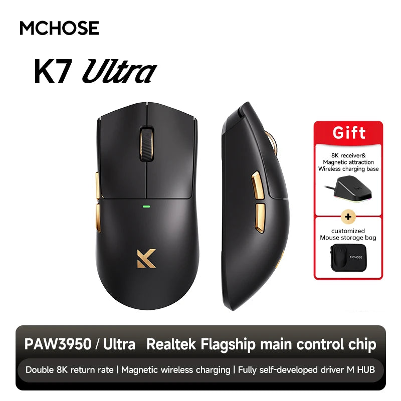 MCHOSE K7 Ultra Wireless Gaming Mouse with 8K Polling Rate, PAW3950 Sensor, Magnetic Charging Dock, 42,000 DPI Lightweight Esports Mouse