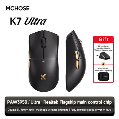 MCHOSE K7 Ultra Wireless Gaming Mouse with 8K Polling Rate, PAW3950 Sensor, Magnetic Charging Dock, 42,000 DPI Lightweight Esports Mouse