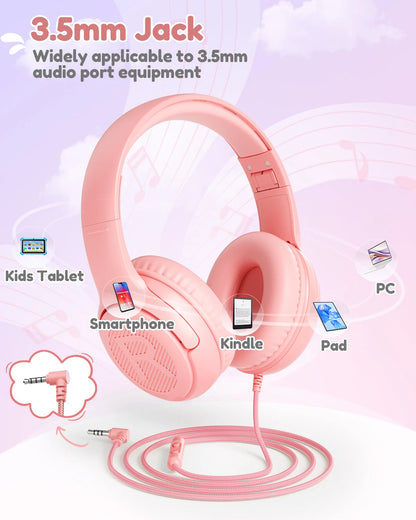 Awatrue Kids Headphones with Microphone, Safe Volume Limited Wired Kids Headphones for School, Toddler & Children, Comfortable Stereo Headset for Learning, Travel & Gaming