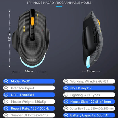 12800DPI Tri-Mode Wireless Gaming Mouse with Bluetooth, 2.4G & Wired Connection, Macro Programming, Carbon Fiber Design, 7 Keys Rechargeable Mouse