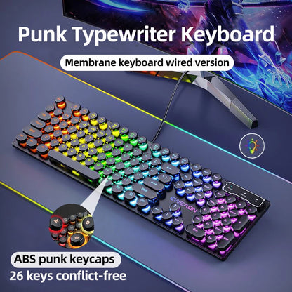 EWEADN GX330 Typewriter Gaming Keyboard 104 Keys Wired Retro Keyboard with RGB Backlit, Round Keycaps, USB Mechanical Style Keyboard for PC & Laptop