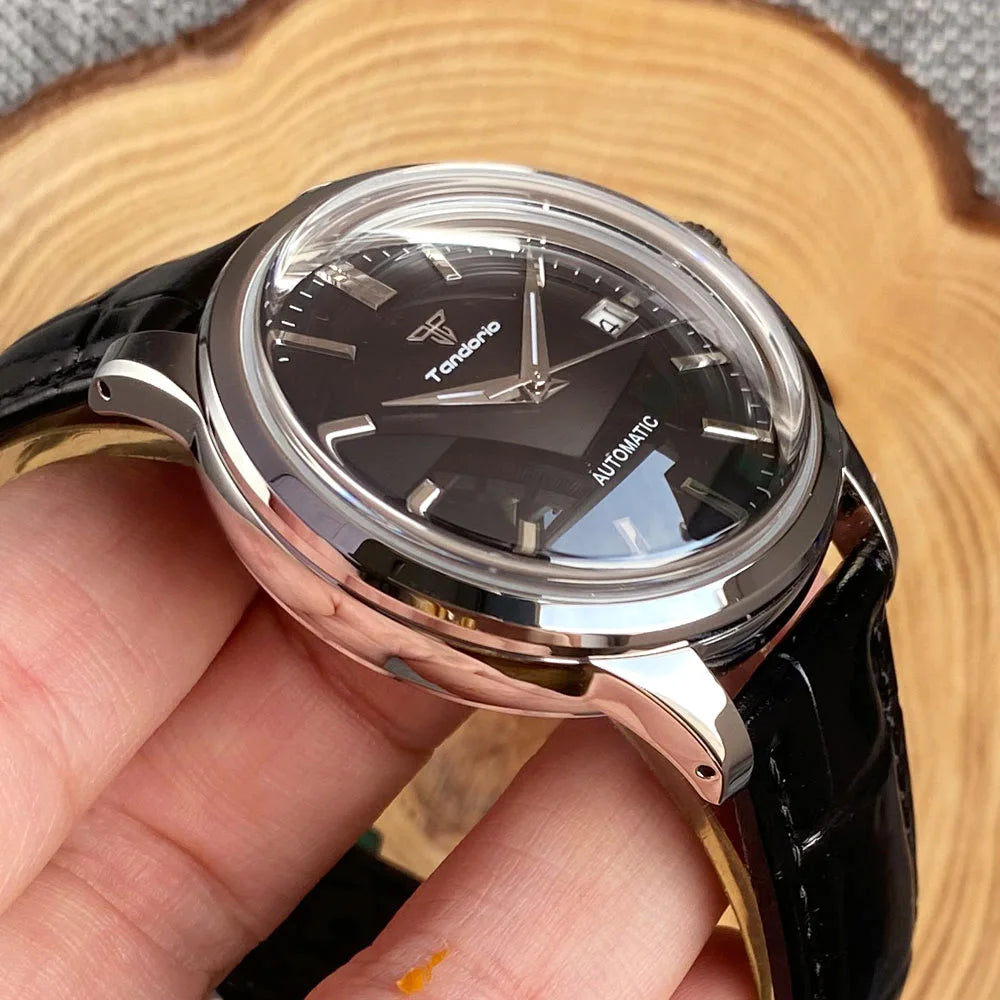 Tandorio 40mm Japanese NH35 Automatic 200M Diving Watch Men Beige Dial Bubble Sapphire Polished Case Glass Back Screw Crown