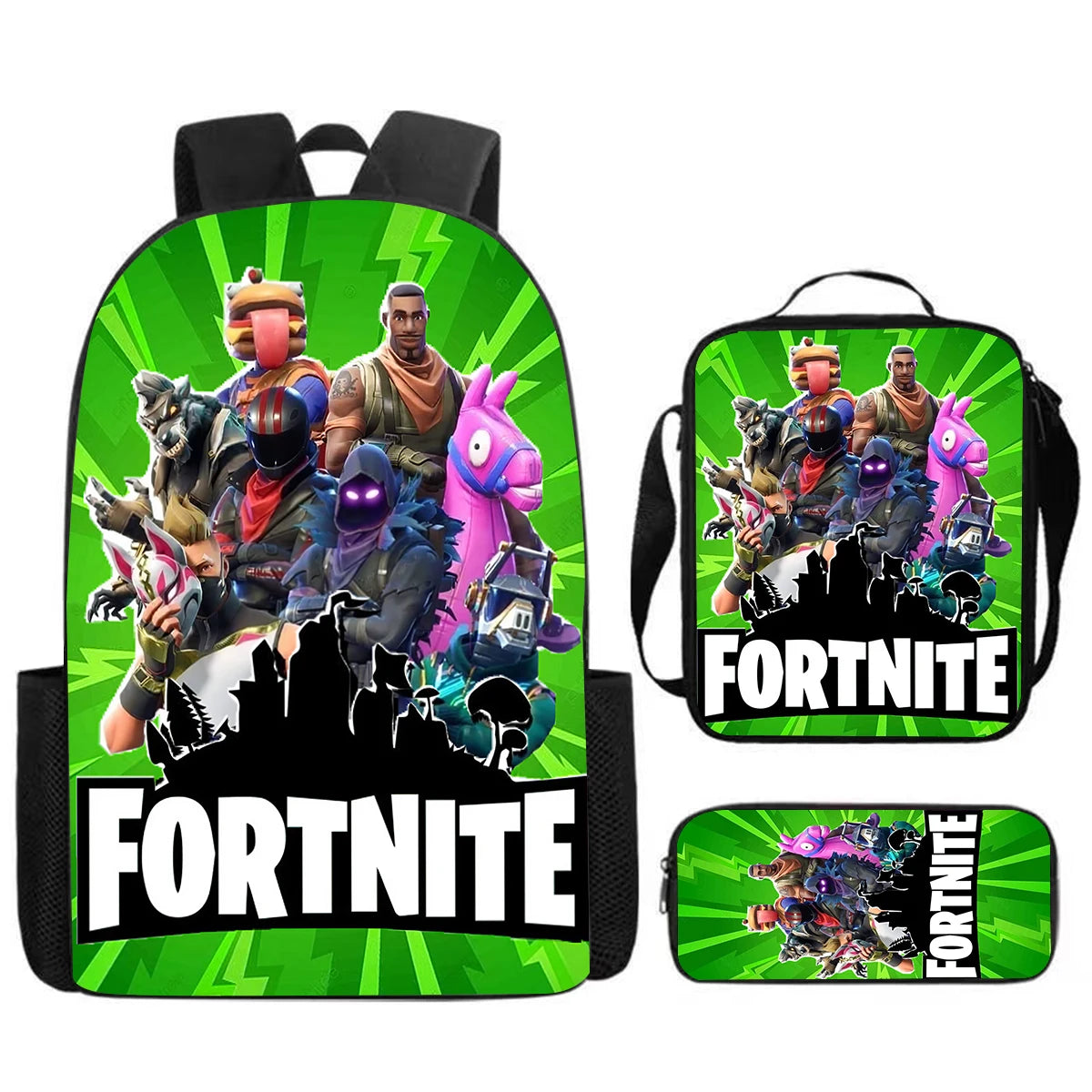 Conjunto Fortnite Cartoon de 3 peças, grande capacidade, adequado para rapazes e raparigas dos 5 aos 8 anos, inclui mochila, lancheira e estojo