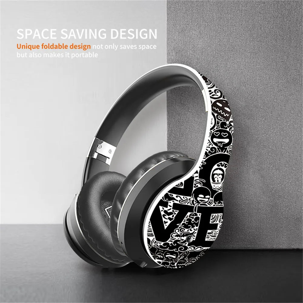 Wireless Bluetooth 5.0 Headphones Over Ear Headest Graffiti Design Foldable Headphone with Mic Hi-Fi Stereo For phone pc laptop