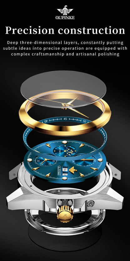 OUPINKE 3299 Automatic Man Watch Exclusive Dual Calendar Luxury Mechanical Wristwatches Moon Phase Waterproof Chronogprah Watch