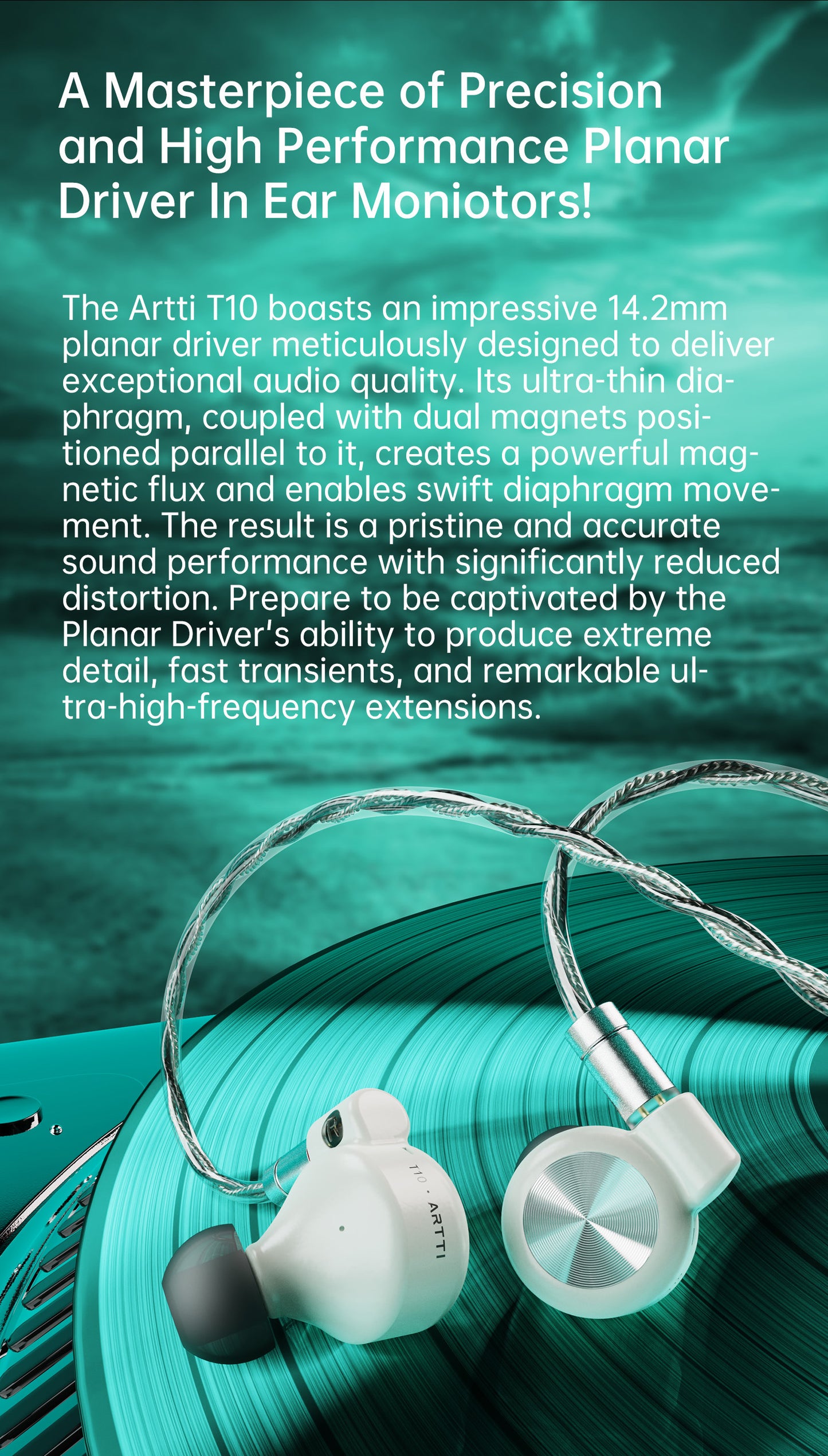 ARTTI T10 Planar Driver In-Ear HiFi Earphones, 14.2mm Wired IEM Monitors with Textured Bass, Detachable 0.78mm 2-Pin Cable, 3.5mm/4.4mm Audiophile Earphones