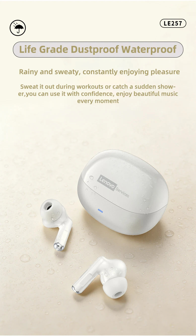 Lenovo LE257 TWS Wireless Bluetooth 6.0 Headphones with HiFi Sound, ENC Noise Reduction, Gaming Earbuds with Mic, Sports Waterproof Headset