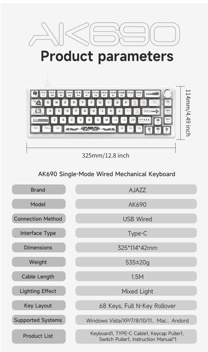 AJAZZ AK690 Clavier mécanique à 65 %, toutes les touches remplaçables à chaud, filaire USB Plug-and-Play, rétroéclairage mixte, 68 touches, clavier gaming pour ordinateur portable et PC