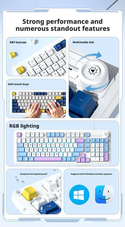 Kablet gaming-tastatur med mekanisk tastfølelse og drejeknap samt trefarvet blandet baggrundsbelysning til PC, stationær computer og bærbar computer – tilbehør