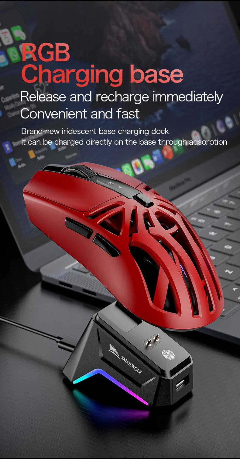 SMAILWOLF M8 Wireless Bluetooth Tri-Mode Gaming Mouse, 12000 DPI Lightweight RGB Gaming Mouse with PAW3311 Sensor, Magnetic Charging Dock