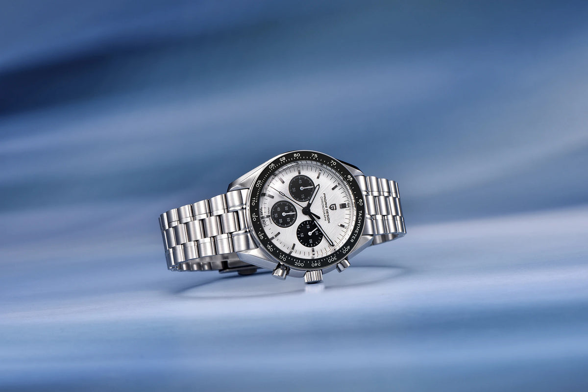 Zegarek męski PAGANI DESIGN „New Moon” – luksusowy zegarek kwarcowy, chronograf, szkło szafirowe z powłoką antyrefleksyjną, ceramiczna ramka, świecące wskazówki
