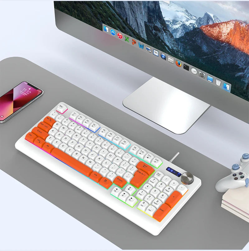 93 Keys Wired RGB Gaming Keyboard Two Tone PBT Ball Keycaps Mechanical Feeling Portable Keyboard for Laptop Office Gamer Typing