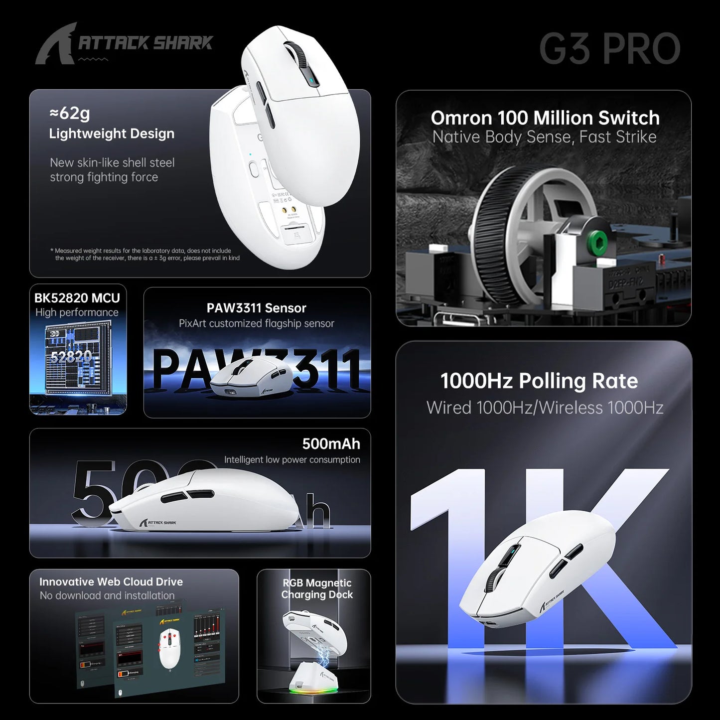 ATTACK SHARK G3PRO Tri-Mode Wireless Gaming Mouse with Charging Dock, 25000 DPI Ultra Lightweight Gaming Mouse, PAW3311 Sensor, Bluetooth & 2.4GHz