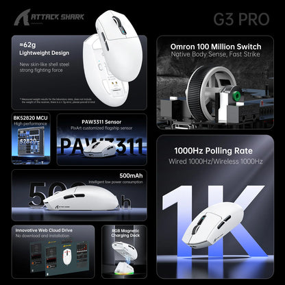 ATTACK SHARK G3PRO Tri-Mode Wireless Gaming Mouse with Charging Dock, 25000 DPI Ultra Lightweight Gaming Mouse, PAW3311 Sensor, Bluetooth & 2.4GHz