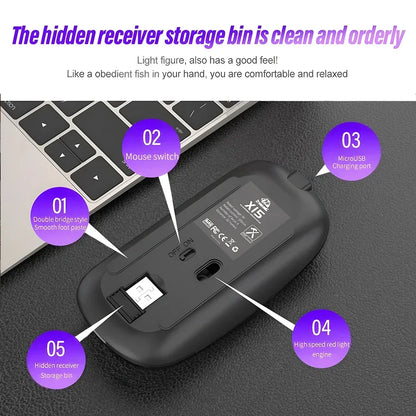 Ladattava langaton hiiri kahdella yhteystilalla, Bluetooth-yhteensopiva 2.4G USB -tietokonehiiri kannettavalle, iPadille, tabletille ja pelikäyttöön