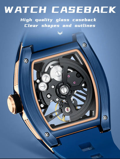 MINI FOCUS Men's Wristwatch Fashion Black Waterproof Automatic Mechanical Watch with Luminous Hands Silicone Strap Tonneau Dial