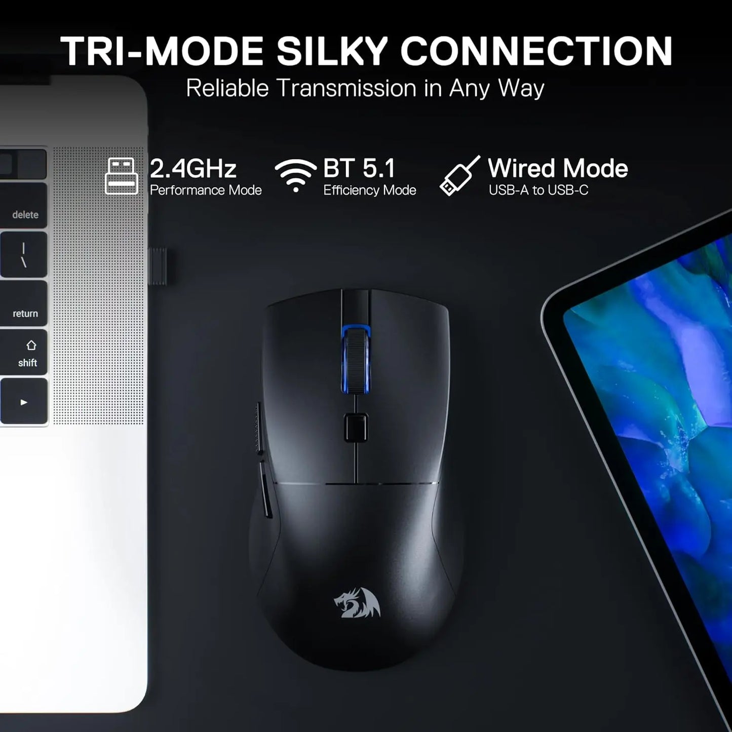 Redragon M618 LIT Wireless Gaming Mouse, 10000 DPI Ergonomic Optical Mouse with Bluetooth, 2.4GHz Wireless, 6 Programmable Buttons for PC & Laptop