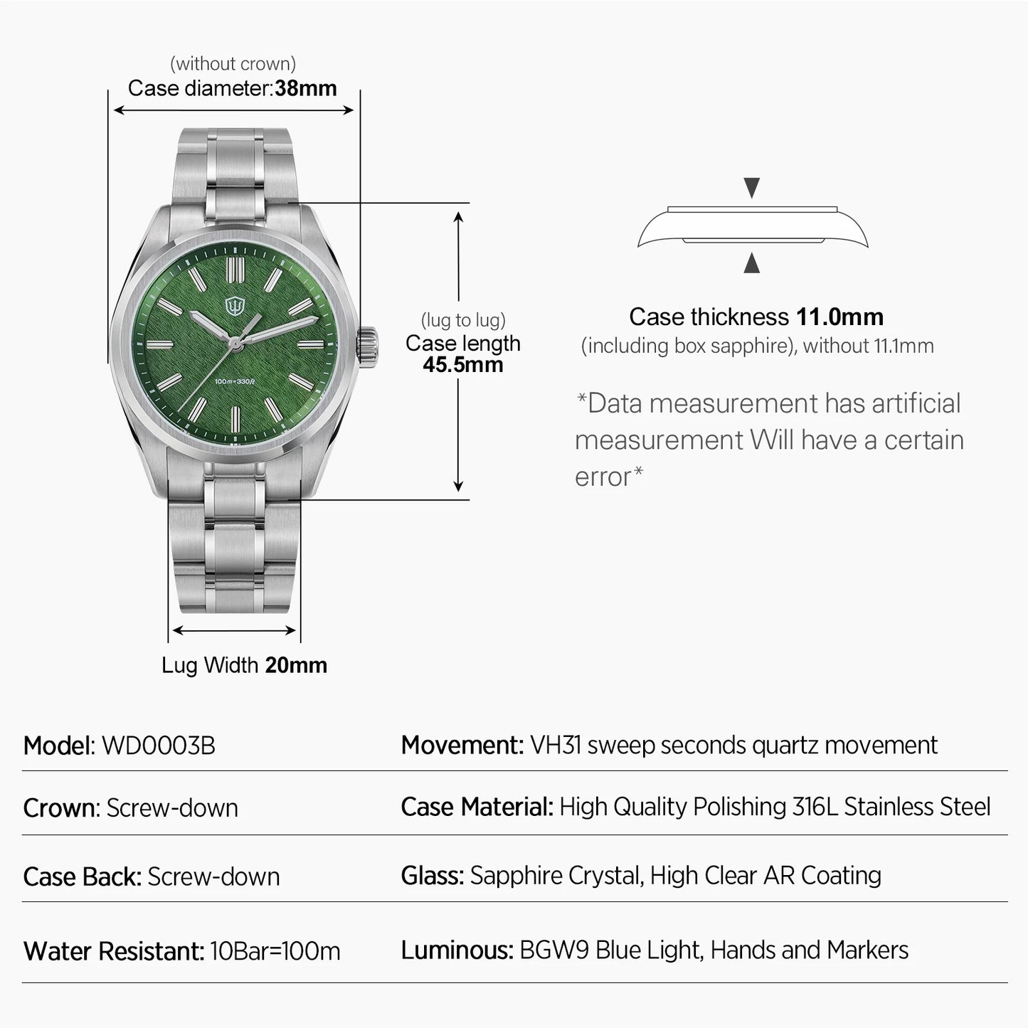 Watchdives WD0003B ‌Aventurine Dial Watch VH31 Quartz Movement Sapphire Crystal Luminous 100m Waterproof 36mm Vintage Watches