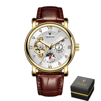 Luksusowy męski zegarek mechaniczny z automatycznym naciągiem, sygnowany przez renomowaną markę, wyposażony w tourbillon, wskaźnik faz księżyca i diamenty – elegancki zegarek na rękę.