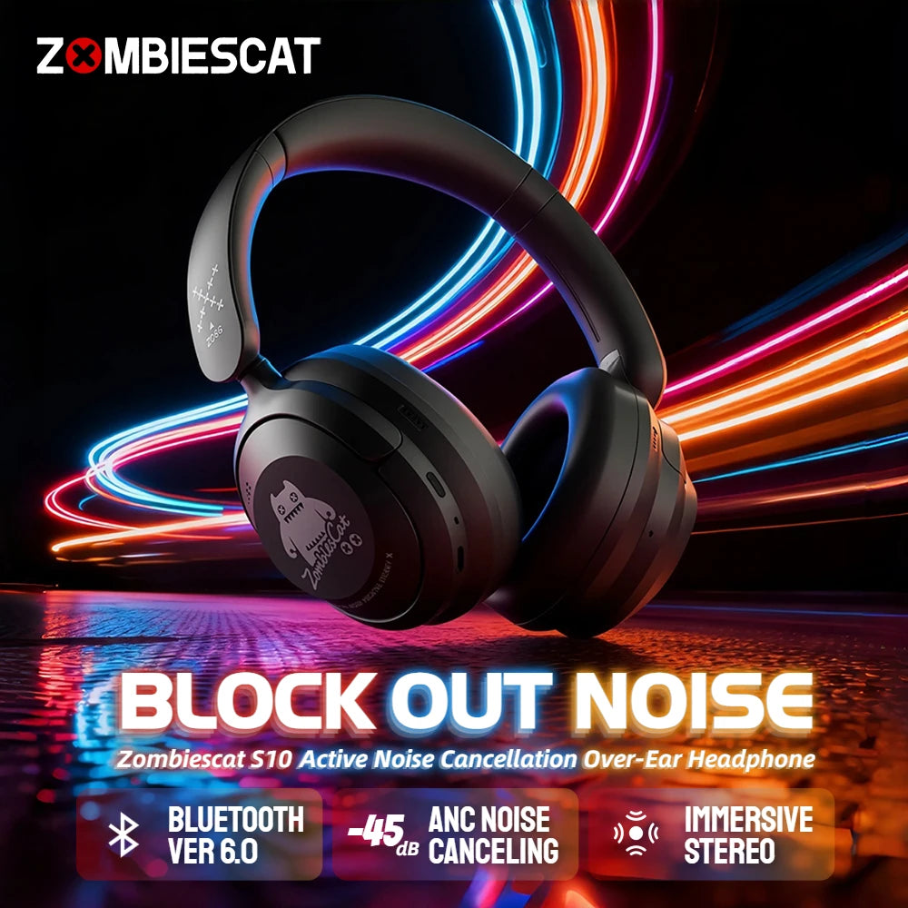 Zombies Cat S10 ANC Bluetooth Headphones with 45dB Noise Cancellation, HiFi Stereo Wireless Over-Ear Headset with Mic