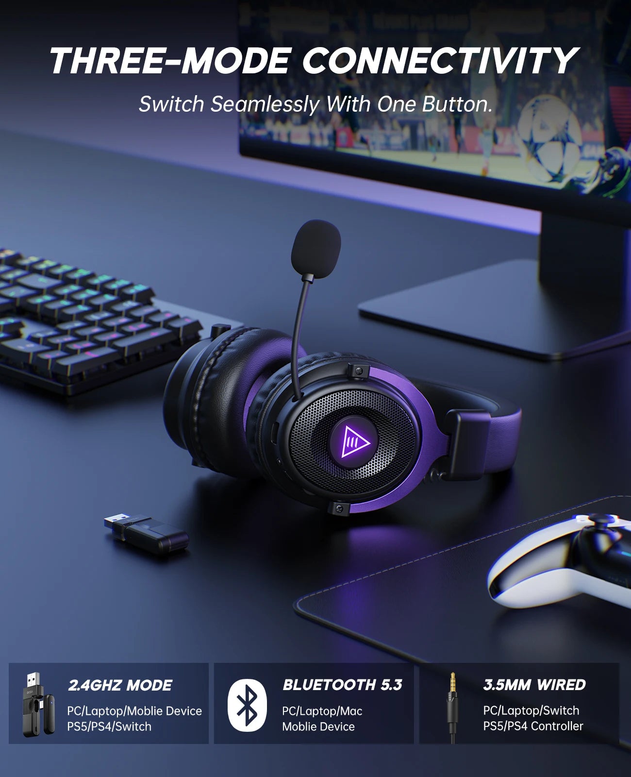 OneOdio EKSA E900 WT Wireless Gaming Headset Tri-Mode Bluetooth 5.3, 2.4GHz RGB Gaming Headset with Noise Cancelling Mic, 80H Battery for PC, PS5, PS4