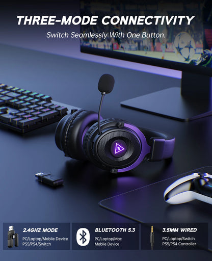 OneOdio EKSA E900 WT Wireless Gaming Headset Tri-Mode Bluetooth 5.3, 2.4GHz RGB Gaming Headset with Noise Cancelling Mic, 80H Battery for PC, PS5, PS4