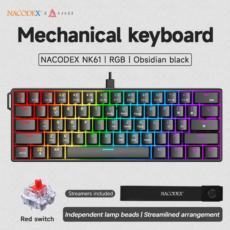 AJAZZ NK61 kabelgebundene mechanische Gaming-Tastatur 60% RGB Hot-Swappable 61 Tasten Red Switch Mini-Tastatur für Gamer-PC
