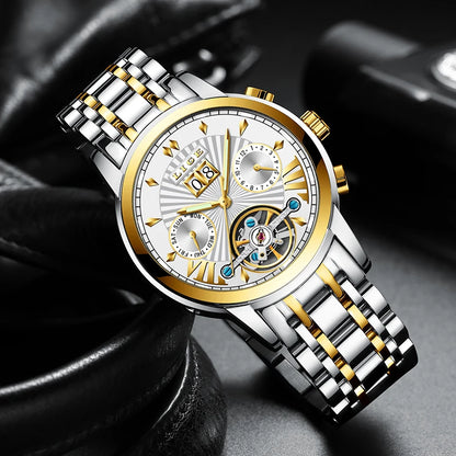 Pánské mechanické náramkové hodinky s automatickým nátahem LIGE – luxusní hodinky nejvyšší třídy s tourbillonem, elegantní a vodotěsný model, ideální pro práci i formální příležitosti.