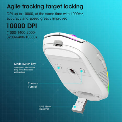 Tri-Mode Wireless Gaming Mouse with Bluetooth 2.4G & Wired Connection, 10000 DPI RGB Esports Mouse with 7 Buttons and Rechargeable Battery