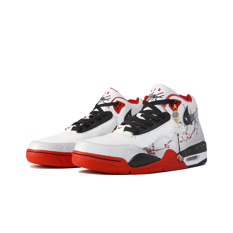 Προσαρμοσμένα αθλητικά παπούτσια Nike Flight Legacy Plum Blossom σε χρώμα Snow, κινέζικου στιλ, ρετρό, μεσαίου ύψους, για μπάσκετ, με μενταγιόν, για άνδρες