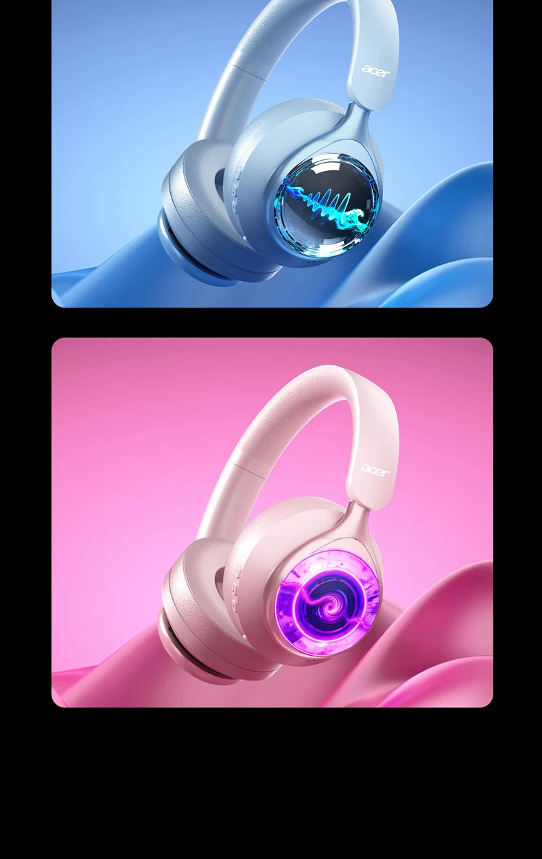 Acer OHR712 Wireless Bluetooth 6.0 Headphones, Foldable Over-Ear Bluetooth Headphones with Active Noise Cancellation, 360° Spatial Sound, HiFi Deep Bass Headset for Travel, Home & Office