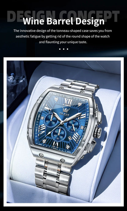 OLEVS New Design Tonneau Watch Men Luminous Waterproof Date Stainless Steel Chronograph Quartz Watches for Men Relogio Masculino