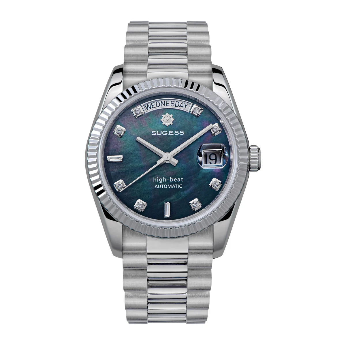 Sugess 36mm Mens of Watch Automatic Dandong Peacock SL3034 Day Movement Sapphire Glass 100m Waterproof Wristwatches MOP Date New