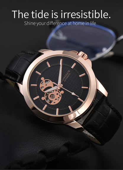 Automatic Watch Minimalist Elegant Everyday Skeleton Waterproof Mechanical Watches Rose Gold Leather Mens Watch Men Gift for Him