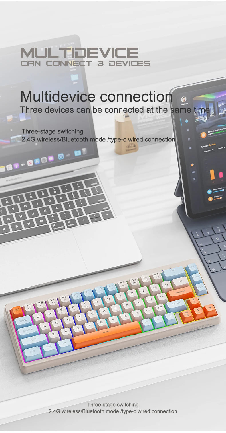 FREEWOLF M68 68 Keys Wireless Keyboard Mouse Combo, PBT RGB Tri-Mode Bluetooth/2.4G/Wired Keyboard, Silent Keyboard Mouse Set