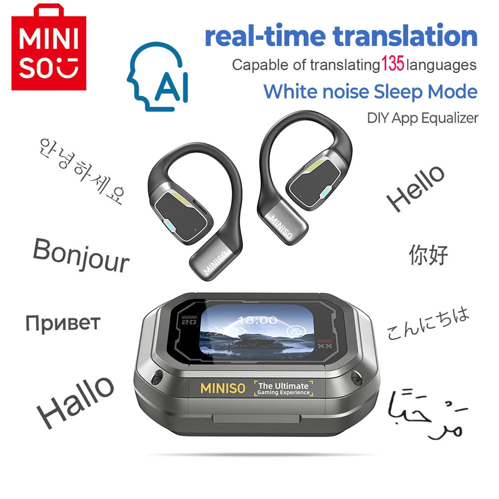 AI MINISO M98 Wireless Headphones OWS Bluetooth Earphones with AI Translator, Gaming Headset, Open Ear Sports Earbuds, LCD Touch Screen IPX5 Waterproof