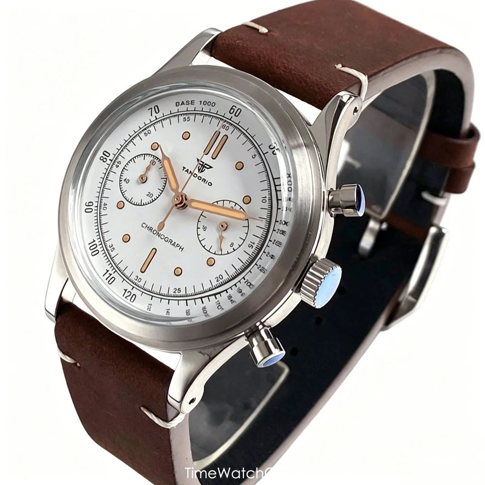 38mm Tandorio Retro Men's Watch Sport Watches Miyota OS20 Movement Chronograph Quartz Clock Black Dial Bubble Arched Glass
