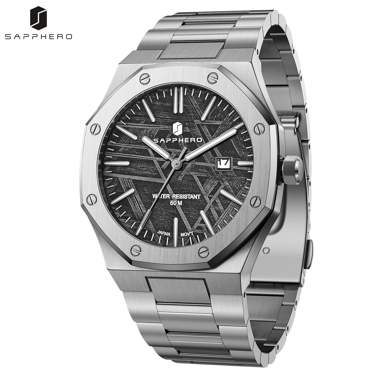 SAPPHERO Men’s Analog Watch Stainless Steel Japan Quartz Movement Date Display 50m Waterproof Classic Business Casual Wristwatch