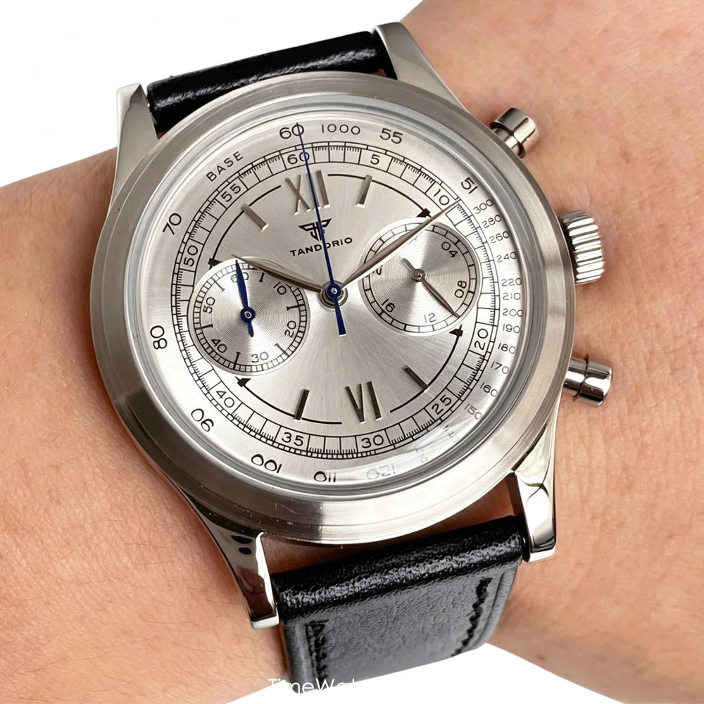 38mm Tandorio Retro Men's Watch Sport Watches Miyota OS20 Movement Chronograph Quartz Clock Black Dial Bubble Arched Glass