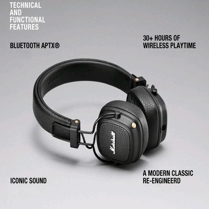 Marshall Major III Wireless Bluetooth Headphones with Deep Bass, Active Noise Cancelling, Foldable Over-Ear Wireless Headphones with Microphone