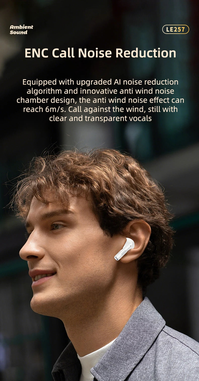 Lenovo LE257 TWS Wireless Bluetooth 6.0 Headphones with HiFi Sound, ENC Noise Reduction, Gaming Earbuds with Mic, Sports Waterproof Headset