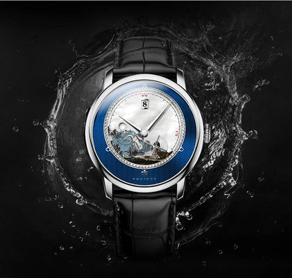 PONIGER Sapphire Crystal Glass Wrist Watch Painting Dial Man Leather Automatic Wristwatch MIYOTA 8219