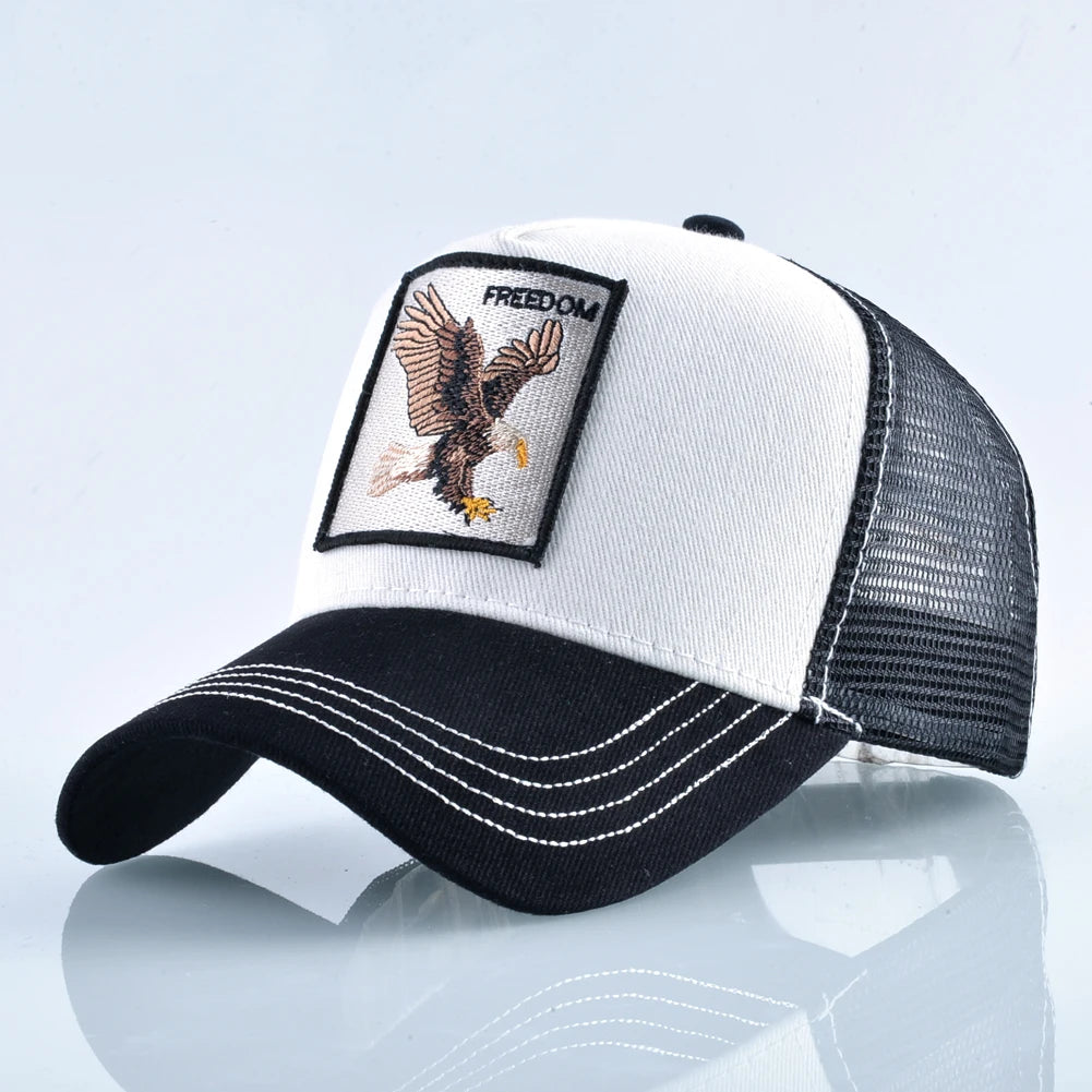 Gorras de camionero de moda con parche bordado de cabra. Gorra de béisbol Snapback «Four Seasons» para hombre y mujer, con visera ajustable.