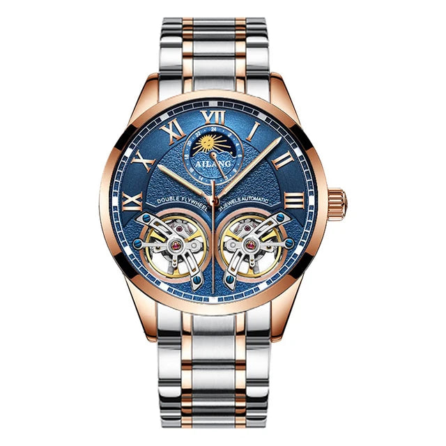 AILANG Double Tourbillon Design Business Men Mechanical Watch Fashion Leather Moon Phase Automatic Watches for Mens Reloj Hombre